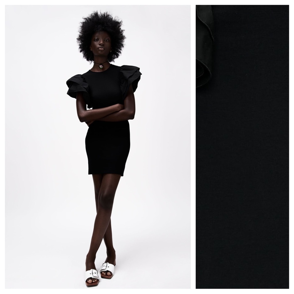 🌹NWT. Zara Black Ruffled Poplin Sleeves Mini Dress. Size S.